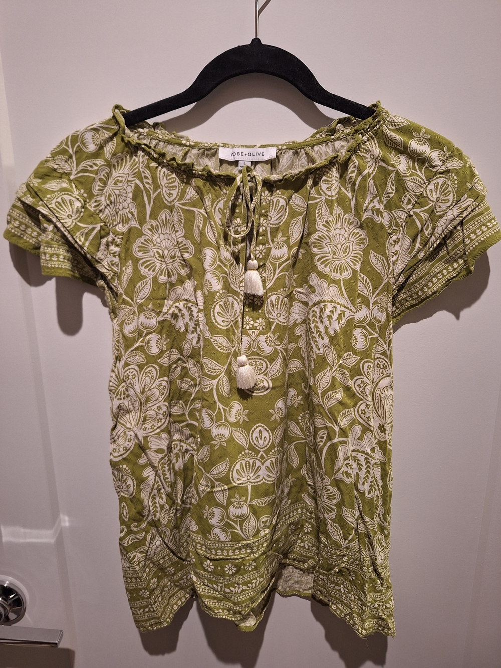 Rose & Olive Olive Green Floral Tassel Peasant Top